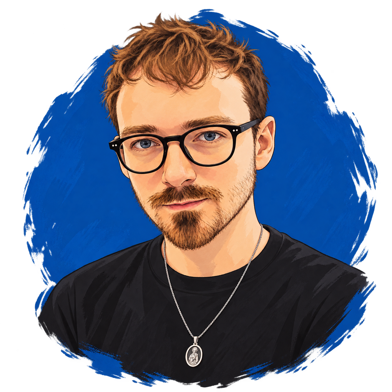 Illustrated portrait of Declan Devlin wearing glasses, a black top and a silver necklace, against a blue painted backdrop